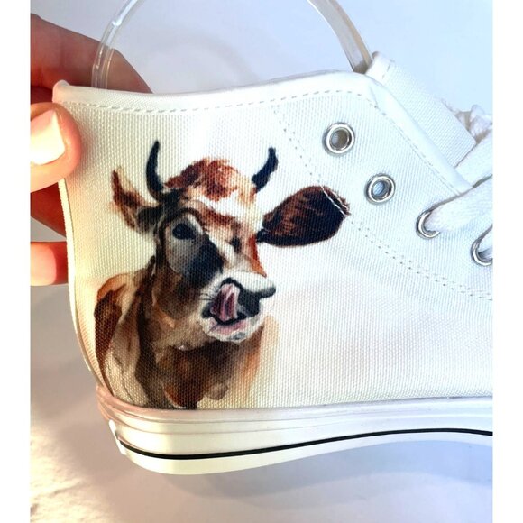 Cow Lovers High Top Sneakers Womens White Canvas With Cow Print Size 7 - Picture 10 of 11